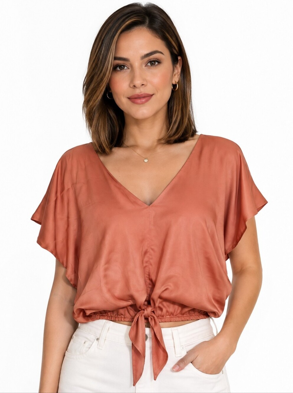 Express Women’s Satin Tie-Front Flutter Sleeve Blouse – Rust/Coral – Size S.
